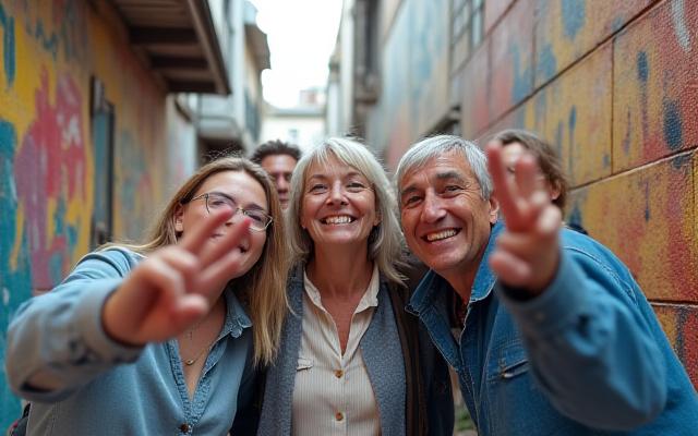 골목길 벽화 앞에서 기념사진을 찍는 유쾌한 모습